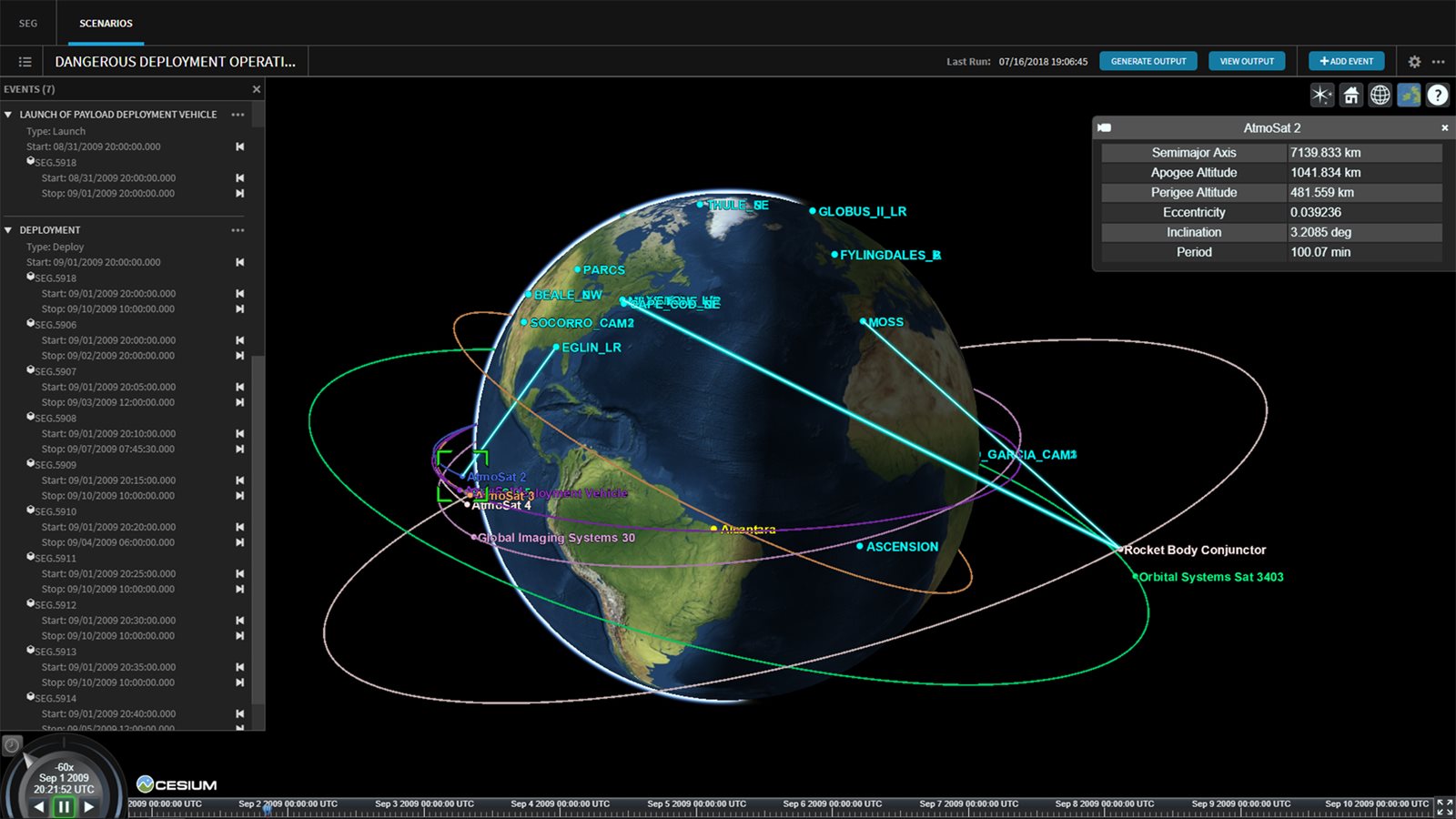 Picture of VEDCOMSPOC's Space Event Generator (SEG) dash panel illustrating object's in orbit around the earth detailing their apogee altitude, perigee altitude, eccentricity, inclination and period.