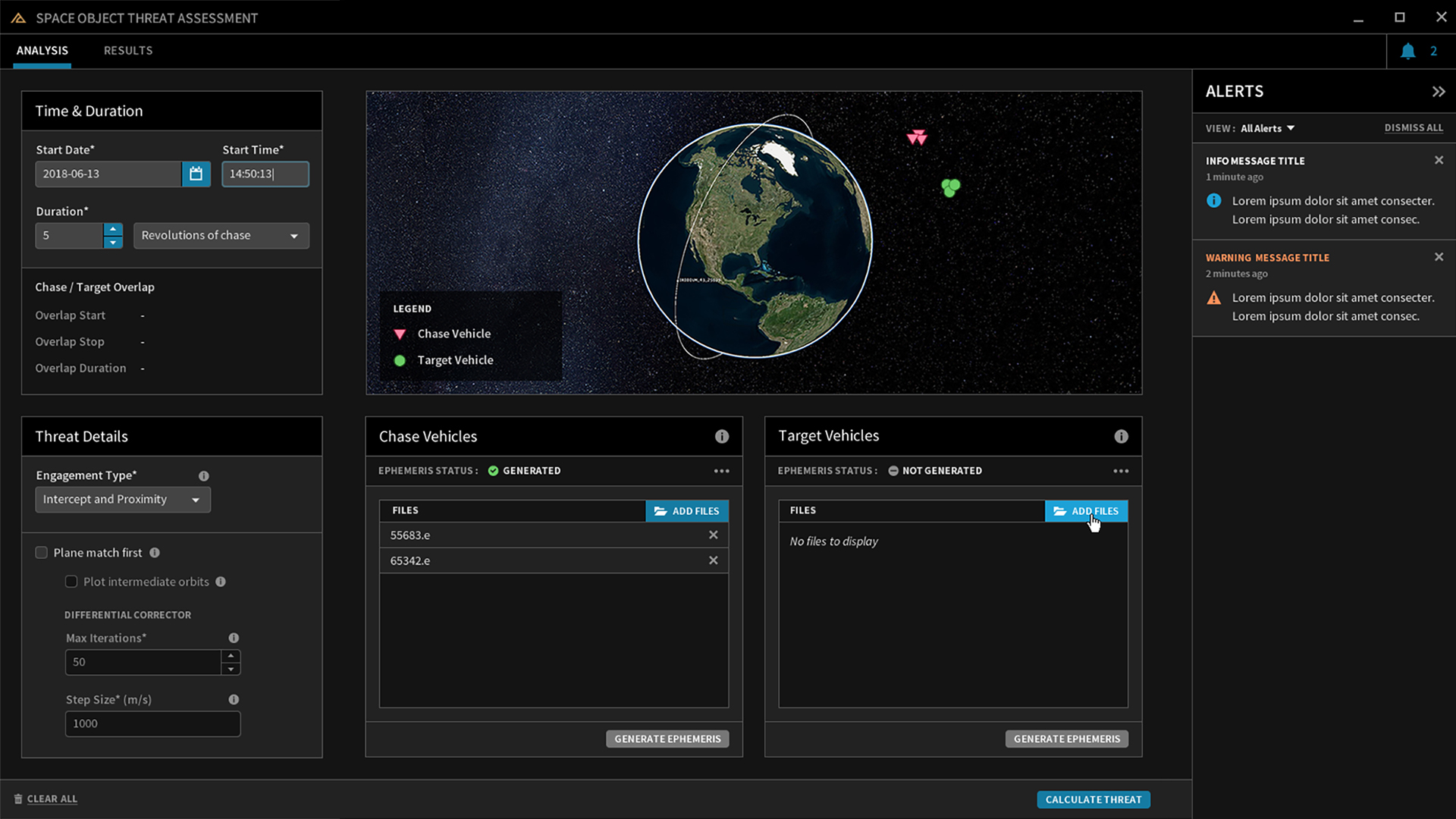 Picture of VEDCOMSPOC's Space Object Threat Assessment (SOTA) dash panel detailing chase and target vehicles their engagement type and alerts. 